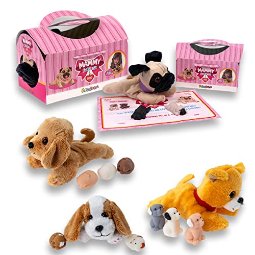 Sbabam Mammy Dog Surprise New Edition, Super Weiches Kuscheltier Hund mit Niedlichen Welpen, 2er-Pack, Plüschtier mit Tragetasche, Spielzeug ab 3 Jahre, Kleine Tiere Figuren als Baby Geschenk von Sbabam