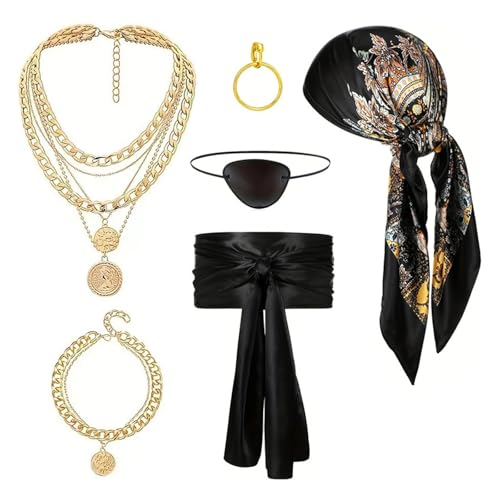 Sbshiouu Komplettes Piratenkostüm Set Headscarf Gürtel Halskette Armband Für Halloween Party Cosplay Komfortable Piratenkostüm Stoffzubehör von Sbshiouu