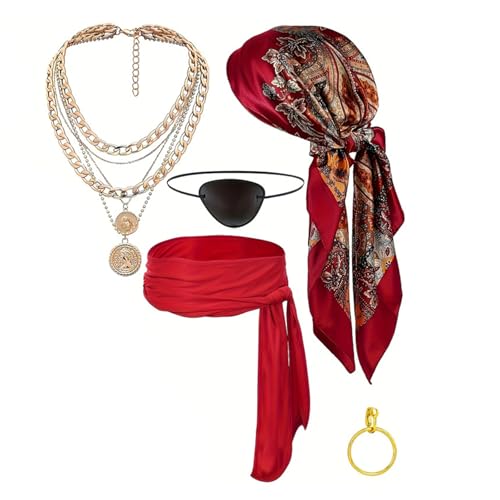 Sbshiouu Komplettes Piratenkostüm Set Headscarf Gürtel Halskette Armband Für Halloween Party Cosplay Komfortable Piratenkostüm Stoffzubehör von Sbshiouu