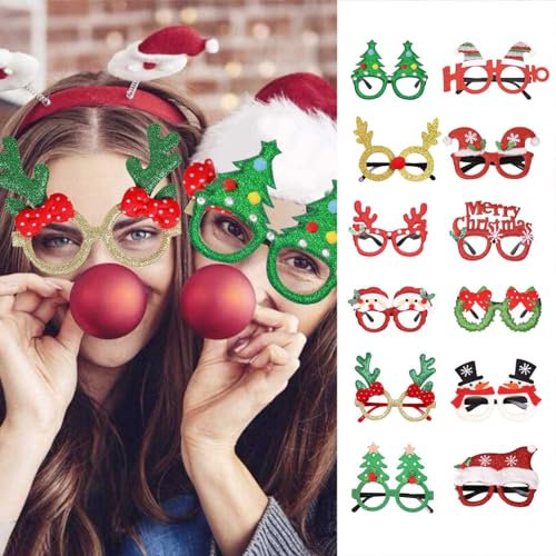 12 Stück Weihnachtsbrille, Christmas Glasses, Lustige Weihnachtsmann Brillen Weihnachten,Rentier Weihnachtsmütze Festliche Partydekoration Fotorequisiten Weihnachtsdeko Partybrille (12 Stück) von Sbyhbhyds