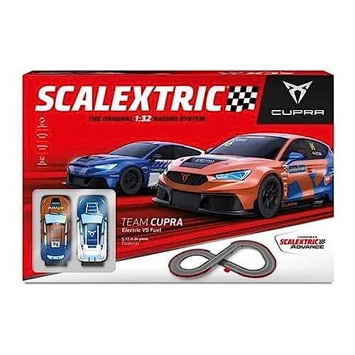 SCALEXTRIC Team Cupara, Electric Vs Fuel, inkl. zwei Autos, Brücke und Zäune, 4,5 Meter Spur, mehrfarbig (U10423S500) von Scalextric