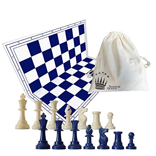 SchachQueen Schachset blau/weiß - komplettes Schachspiel mit Schachbrett und Schachfiguren Plastik Feldgröße 57 mm Königshöhe 97 mm von SchachQueen