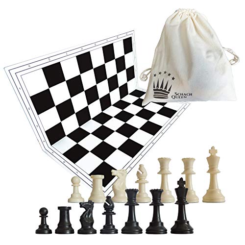 SchachQueen - E610 - Scacchi scacchiera e pezzi e sacchetto di Cotone - Bianco e Nero - Altezza re 97 mm e Campo 57 mm von SchachQueen