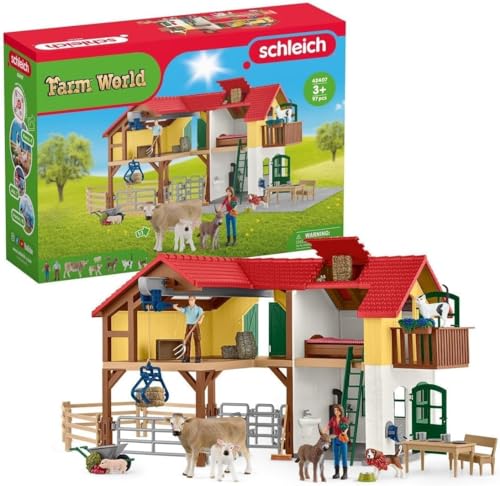 schleich 42407 FARM WORLD Bauernhaus mit Stall und Tieren, 97 Teile Bauernhof mit 3 Räumen, 2 Bauernfiguren, Bauernhoftiere und vieles mehr, Spielzeug für Kinder ab 3 Jahren von SCHLEICH