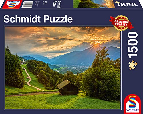 Schmidt Spiele 58970 Sonnenuntergang über dem Bergdorf Wamberg, 1.500 Teile Puzzle, bunt von Schmidt Spiele