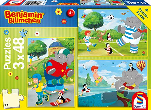 Schmidt Spiele 56401 Benjamin Blümchen, Sport und Spiel mit Törööö, 3x48 Teile Kinderpuzzle, bunt von Schmidt