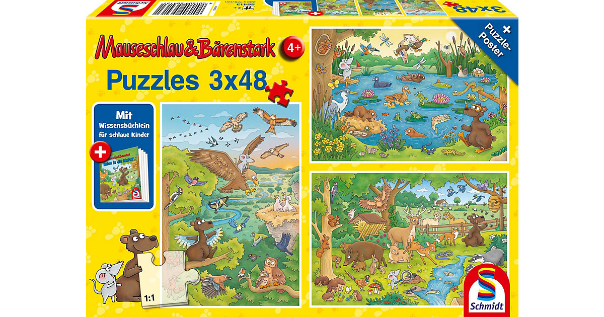 Puzzle Mauseschlau & Bärenstark Reise in die Natur, 3x48 Teile, mit Add-on (Wissensbüchlein) von Schmidt Spiele