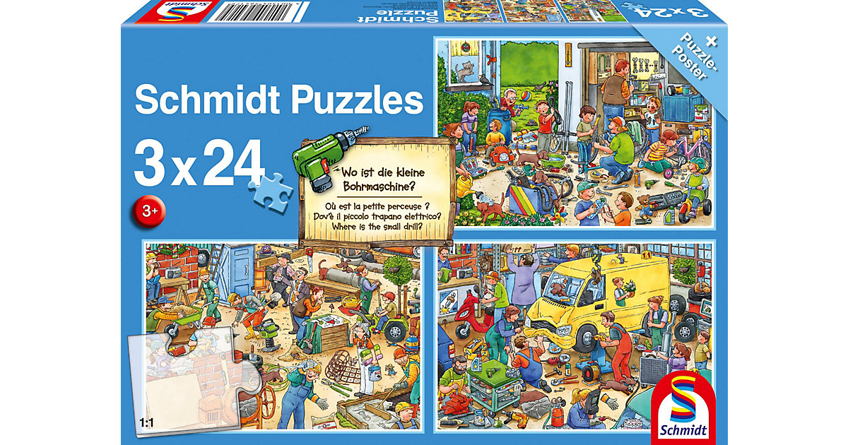 Puzzle Wo ist die kleine Bohrmaschine??, 3 x 24 Teile Puzzle Wo ist die kleine Bohrmaschine??, 3 x 24 Teile von Schmidt Spiele