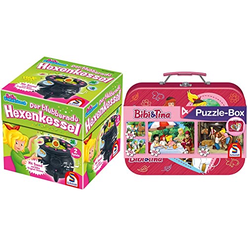 Schmidt Spiele 40581 Bibi & Tina Bibi Blocksberg-Der blubbernde Hexenkessel 56509 Bibi und Tina, 4 Kinderpuzzle im Metallkoffer, 2x100 und 2x150 Teile von Schmidt Spiele