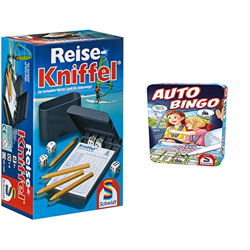 Schmidt Spiele 49091 Reise-Kniffel mit Zusatzblock, bunt & 51434 Auto-Bingo, Bring Mich mit Spiel in der Metalldose, bunt von Schmidt Spiele