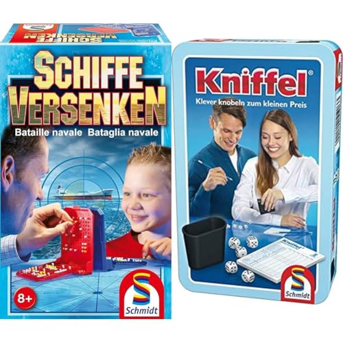 Schmidt Spiele 49092 Schiffe versenken, Reise-und Familienspiel, bunt & 51203 Kniffel, Bring Mich mit Spiel in der Metalldose, bunt von Schmidt Spiele