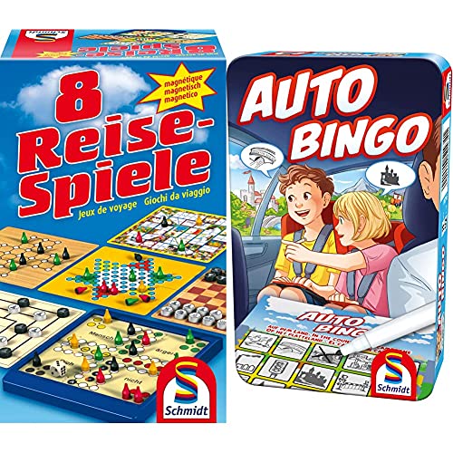 Schmidt Spiele 49102-8 Reise-Spiele, Spielesammlung, magnetisch, bunt & 51434 Auto-Bingo, Bring Mich mit Spiel in der Metalldose, bunt von Schmidt