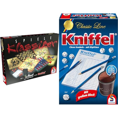 Schmidt Spiele 49120 Spiele Klassiker, Spielesammlung, 2 bis 6 Spieler & 49203 Kniffel, Classic Line, mit großem Block, mit original Kniffelbecher von Schmidt Spiele