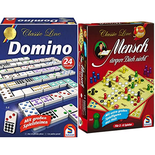 Schmidt Spiele 49207 Classic Line, Domino, mit großen Spielsteinen, Bunt & 49085 Classic Line, Mensch ärgere Dich Nicht, mit extra großen Spielfiguren aus Holz, Bunt von Schmidt Spiele