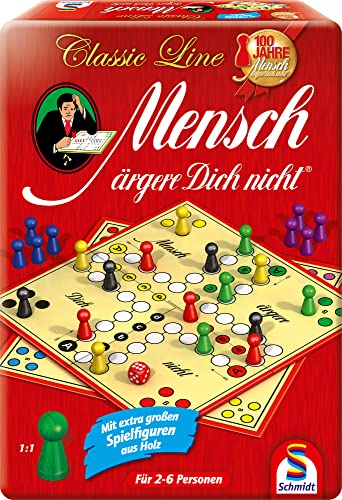Schmidt Spiele 49439 Mensch ärgere Dich Nicht in der Metalldose, Classic Line, mit extra großen Spielfiguren aus Holz [Exklusiv bei Amazon], Rot von Schmidt