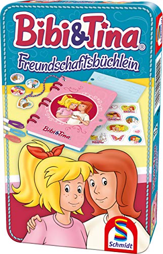 Schmidt Spiele 51421 Bibi Blocksberg/Bibi & Tina, Freundschaftsbüchlein, Bring Mich mit Spiel in der Metalldose, Bunt von Schmidt