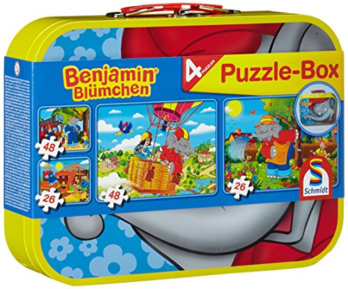 Schmidt Spiele 55594 Benjamin Blümchen, 4 Kinderpuzzle im Metallkoffer, 2x26 und 2x48 Teile von Schmidt Spiele