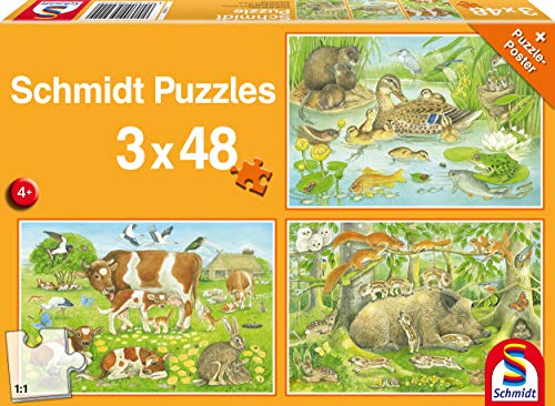 Schmidt Spiele 56222 Tierfamilien, 3 x 48 Teile, Bunt, 3x48, Tierfamilien, 3x48 Teile von Schmidt