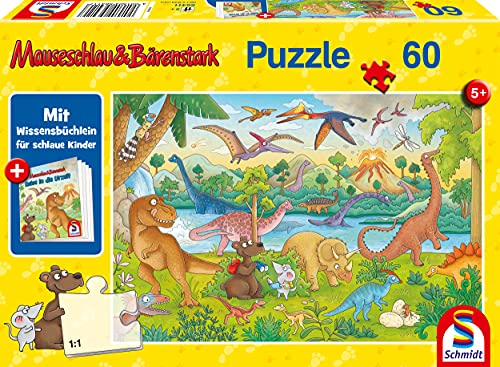Schmidt Spiele 56411 Mauseschlau und Bärenstrak, Reise in die Urzeit, 60 Teile Kinderpuzzle, mit Wissensbüchlein, bunt von Schmidt Spiele