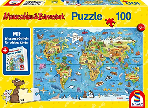 Schmidt Spiele 56412 Mauseschlau und Bärenstrak, Reise um die Welt, 100 Teile Kinderpuzzle, mit Wissensbüchlein, bunt von Schmidt Spiele