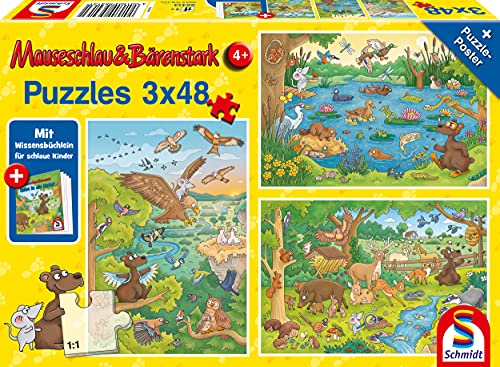 Schmidt Spiele 56413 Mauseschlau und Bärenstrak, Reise in die Natur, 3x48 Teile Kinderpuzzle, mit Wissensbüchlein, bunt von Schmidt Spiele