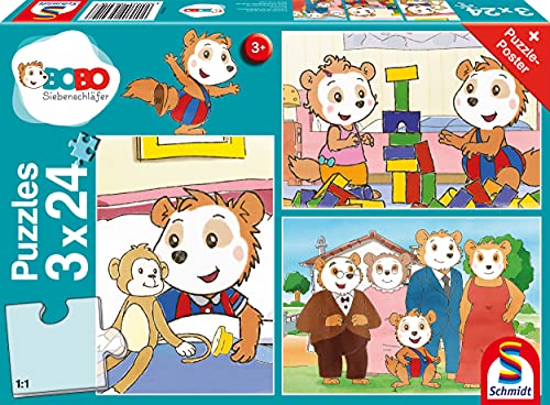 Schmidt Spiele 56414 Bobo Siebenschläfer, Freunde und Familie, 3x24 Teile Kinderpuzzle von Schmidt