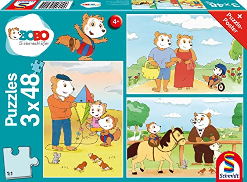 Schmidt Spiele 56415 Bobo Siebenschläfer, Auf ins Abenteuer, 3x48 Teile Kinderpuzzle von Schmidt
