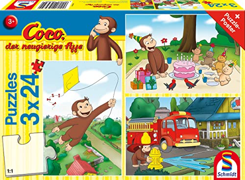 Schmidt Spiele Coco der neugierige AFFE, Spaß, 3x24 Teile Kinderpuzzle von Schmidt