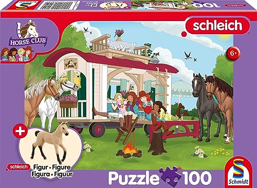 Schmidt Spiele 56463 Horse Club, Lagerfeuer am Wohnwagen, 100 Teile, mit Add-on (eine Original Figur Hannoveraner Fohlen) Kinderpuzzle von Schmidt