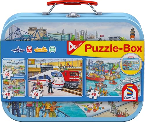 Schmidt Spiele 56508 Verkehrsmittel, 4 Kinderpuzzle im Metallkoffer, 2x26 und 2x48 Teile von Schmidt Spiele