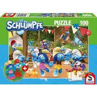 Schmidt Spiele 56523 - Verschlumpfte Party, 100 Teile, Kinderpuzzle Die Schlümpfe mit Add-on von Schmidt Spiele