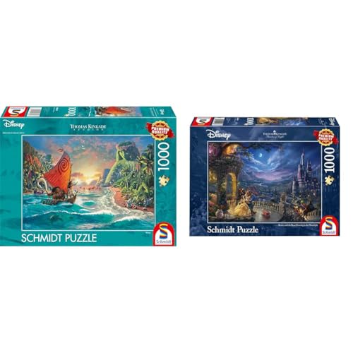 Schmidt Spiele 58030 Thomas Kinkade, Disney, Vaiana, Moana, 1000 Teile Puzzle, Normal & 59484 Thomas Kinkade, Disney Die Schöne und das Biest, Tanz im Mondlicht, 1000 Teile Puzzle von Schmidt Spiele