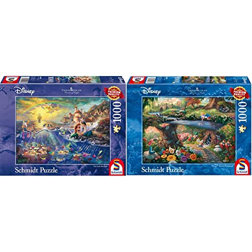 Schmidt Spiele 59479 Thomas Kinkade, Disney Kleine Meerjungfrau, Arielle, 1.000 Teile, Bunt, 693 x 493 mm & 59636 Thomas Kinkade, Disney, Alice im Wunderland, 1000 Teile Puzzle, Bunt von Schmidt Spiele