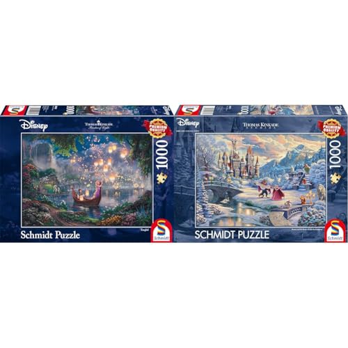 Schmidt Spiele 59480 Thomas Kinkade, Disney, Rapunzel, 1000 Teile Puzzle, Single & 59671 Thomas Kinkade, Disney, Die Schöne und das Biest, Zauberhafter Winterabend, 1000 Teile Puzzle von Schmidt Spiele