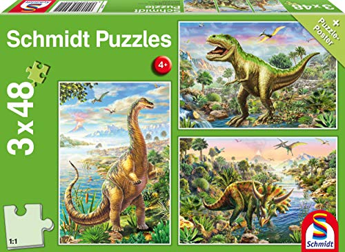 Schmidt Spiele 56202 Abenteuer mit den Dinosauriern, 3x48 Teile Kinderpuzzle von Schmidt Spiele