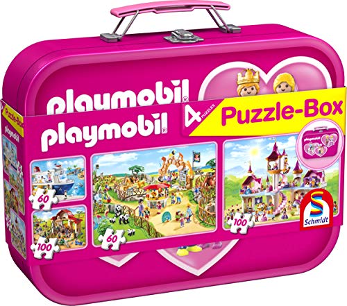 Schmidt Spiele Puzzle 56498 Playmobil 1 , 4 Kinderpuzzle im Metallkoffer, 2x60 und 2x100 Teile von Schmidt Spiele