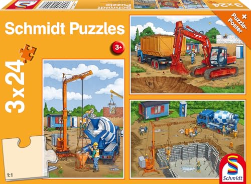 Schmidt Spiele 56200 Auf der Baustelle, 3x24 Teile Kinderpuzzle, Orange von Schmidt