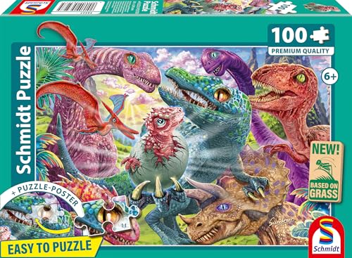 Schmidt Spiele 56527 Kleine Dinos, große Abenteuer, 100 Teile Kinderpuzzle aus Graspappe von Schmidt