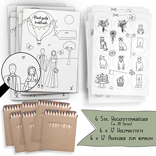 Schokoladenseite 6er Set: Hochzeitsmalbuch mit verschiedenen Brautpaar Designs und bemalbaren Aufklebern! 6 Malbücher für Kinder mit Stiften und je 12 Aufkleber. (H+P, mit Stiften) von Schokoladenseite