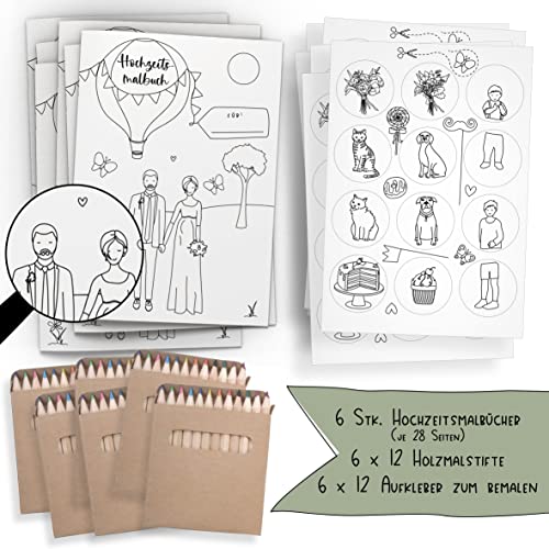 Schokoladenseite 6er Set: Hochzeitsmalbuch mit verschiedenen Brautpaar Designs und bemalbaren Aufklebern! 6 Malbücher für Kinder mit Stiften und je 12 Aufkleber. (C+M, mit Stiften) von Schokoladenseite