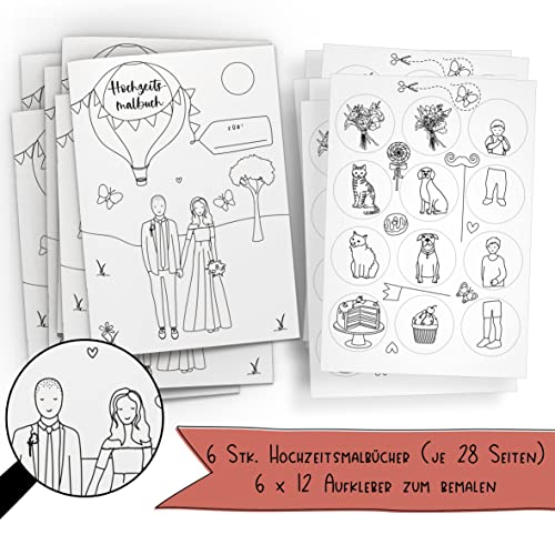 Schokoladenseite 6er Set: Hochzeitsmalbuch mit verschiedenen Brautpaar Designs und bemalbaren Aufklebern! 6 Malbücher für Kinder mit je 12 Aufkleber. (H+P, ohne Stifte) von Schokoladenseite