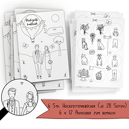 Schokoladenseite 6er Set: Hochzeitsmalbuch mit verschiedenen Brautpaar Designs und bemalbaren Aufklebern! 6 Malbücher für Kinder mit je 12 Aufkleber. (K+T, ohne Stifte) von Schokoladenseite