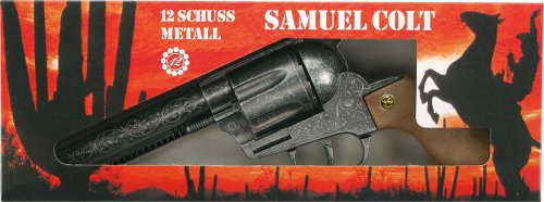 Schrödel J.G. Samuel Colt antik: Spielzeugpistole für Zündplättchen-Munition, in Box, 12 Schuss, passend zum Cowboy-Kostüm, grau / silber (207 0838), 30.5 x 11.5 x 4 cm von Bauer Spielwaren