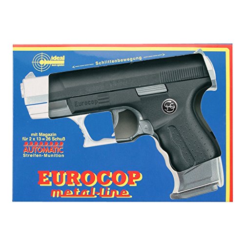 J.G.Schrödel Euro-Cop Pistole: Spielzeugpistole für Zündplättchen, ideal für das Polizeikostüm, 13 Schuss, in Box, 16.5 cm, schwarz / silber (306 0096) von Bauer Spielwaren