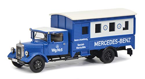 Schuco 450310600 MB Spezialwerkst.1 450310600-Mercedes Benz Lo 2750 Rennabteilung Spezialwerkstätte, Modellauto, 1:43, blau-weiß von Schuco