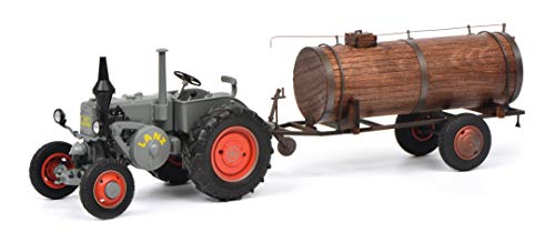 Schuco 450769400 - Lanz Bulldog mit Güllefaß, Bulldog (Die - Cast) und Fassanhänger (Holz/Lasercut), Modellauto, 1:32, semi - matt grau von Schuco