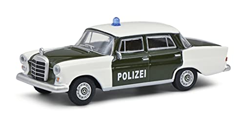Schuco 452027800 Mercedes Benz 200 Polizei, Heckflosse (W110), Modellauto, Maßstab 1:64, dunkelgrün/weiß, M von Schuco