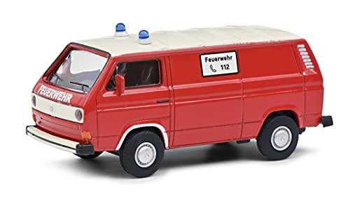 Schuco 452027900 VW T3 Feuerwehr Kastenwagen, Modellauto, Maßstab 1:64, rot/weiß von Schuco