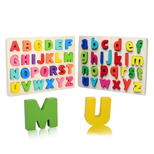 2 Stück Holz Alphabet Puzzle ABC Buchstaben Board Montessori Puzzle Blöcke Early Learning pädagogisches Spielzeug Geschenk für 3 4 5 Jahre altes Kleinkind Kinder,Uppercase and Lowercase Letters von ScienSta