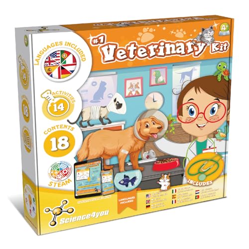 Science4you Meine erste Veterinärklinik - Beinhaltet Veterinär kostüm und Stethoskopspielzeug im Werkzeugkoffer + 14 Experimente, Nachahmungsspiel, Geschenk für Kinder ab 4 5 6 7 8+ Jahre von Science4you